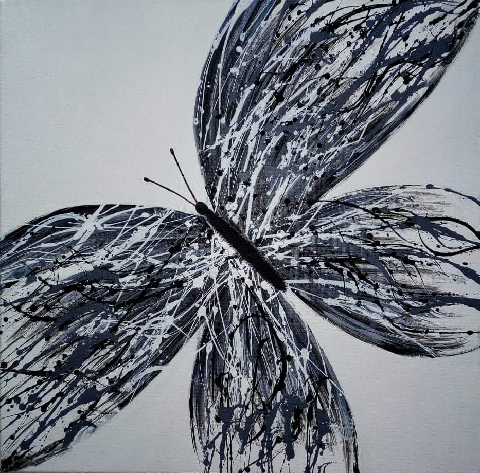 Malovaný černobílý obraz, motýl 