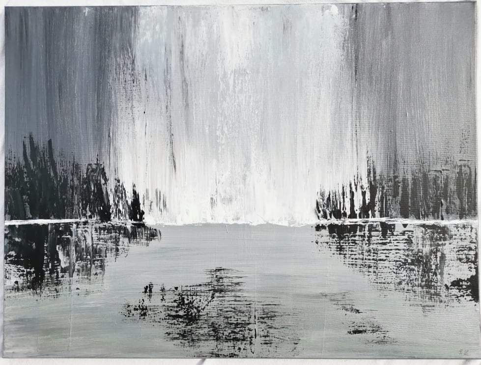 Malovaný stříbrný obraz, abstrakce, vodopád 