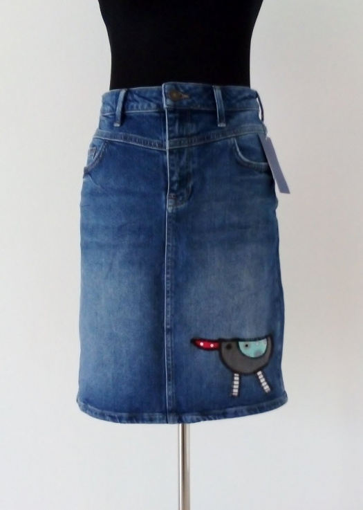 Jeansová sukně s ptáčkem, vel. 34