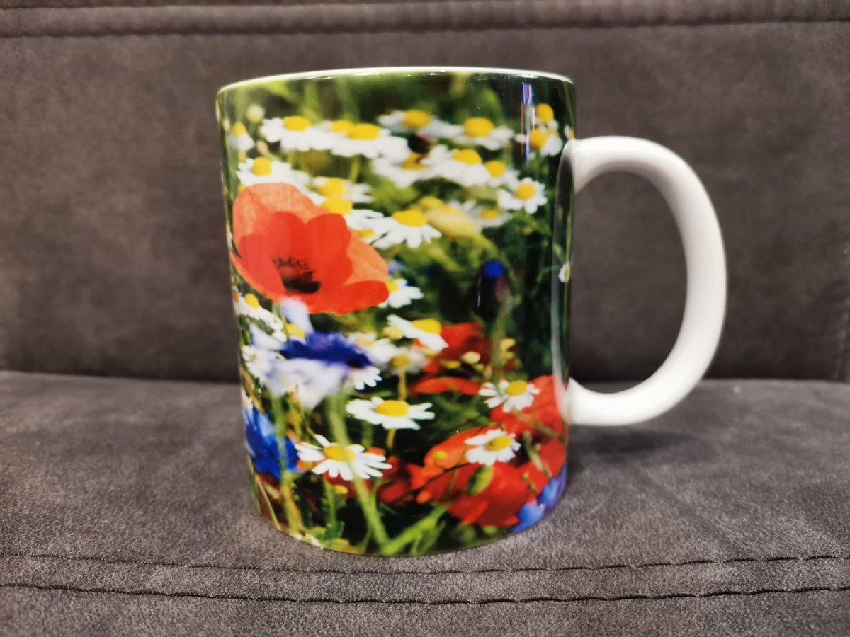 Hrnek, rozkvetlá louka, levandule