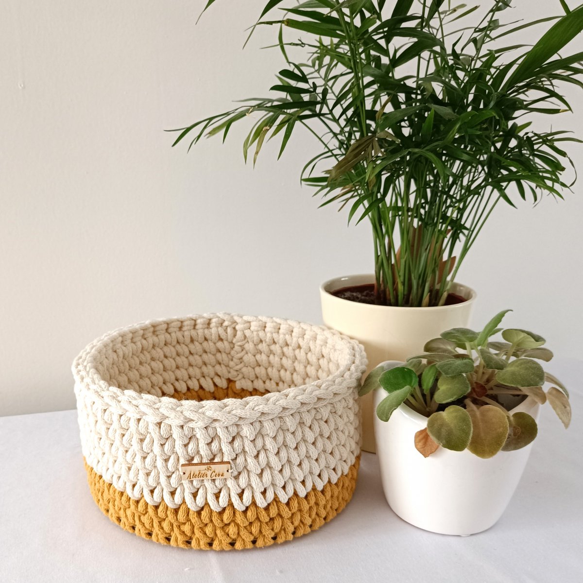 Košík kulatý - ecru + hořčice