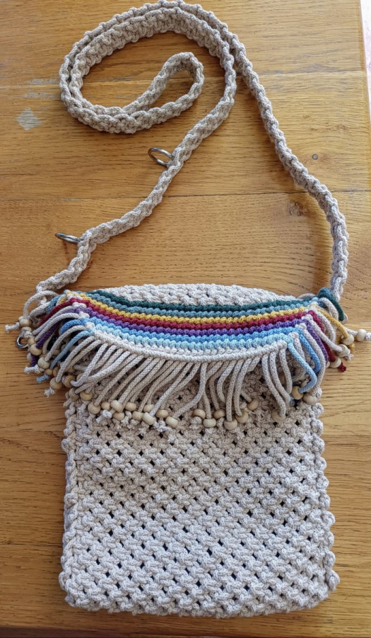 Drhána kabelka 21x23cm, bavlna, popruh 133cm, kroužky na zkraceni-123cm, 113cm, karabinka.