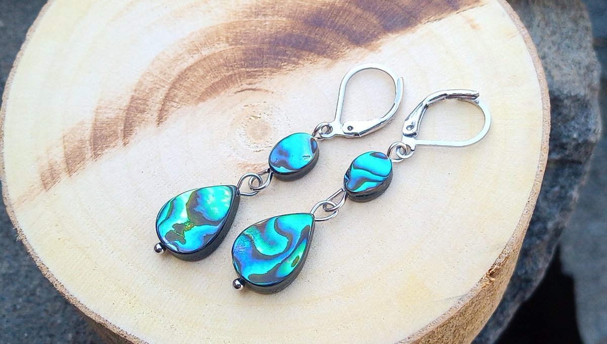 Náušnice "Duhové kapky oceánu" z pravé mušle Abalone Paua, chirurgická ocel, č.174