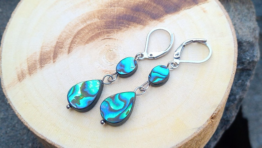 Náušnice "Duhové kapky oceánu" z pravé mušle Abalone Paua, chirurgická ocel, č.174
