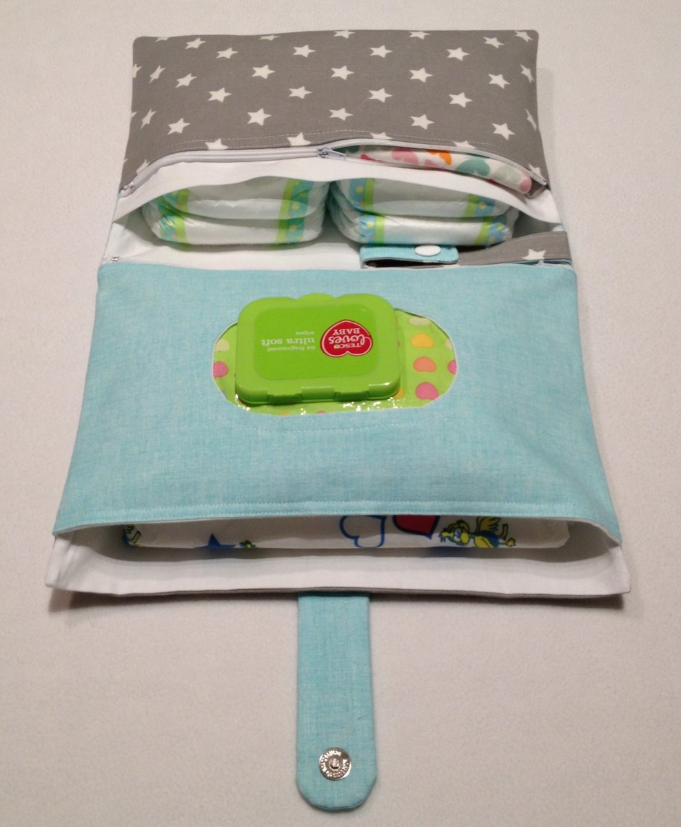 Plenkovník 4 v 1 - hvězdy na šedobéžové a mentol, 4 kapsy