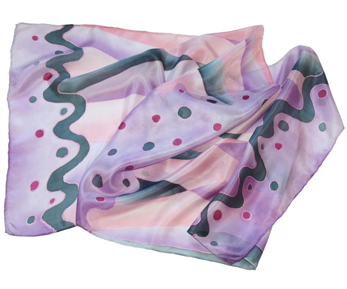 Malovaná hedvábná šála: Vlnění šedo-fialové