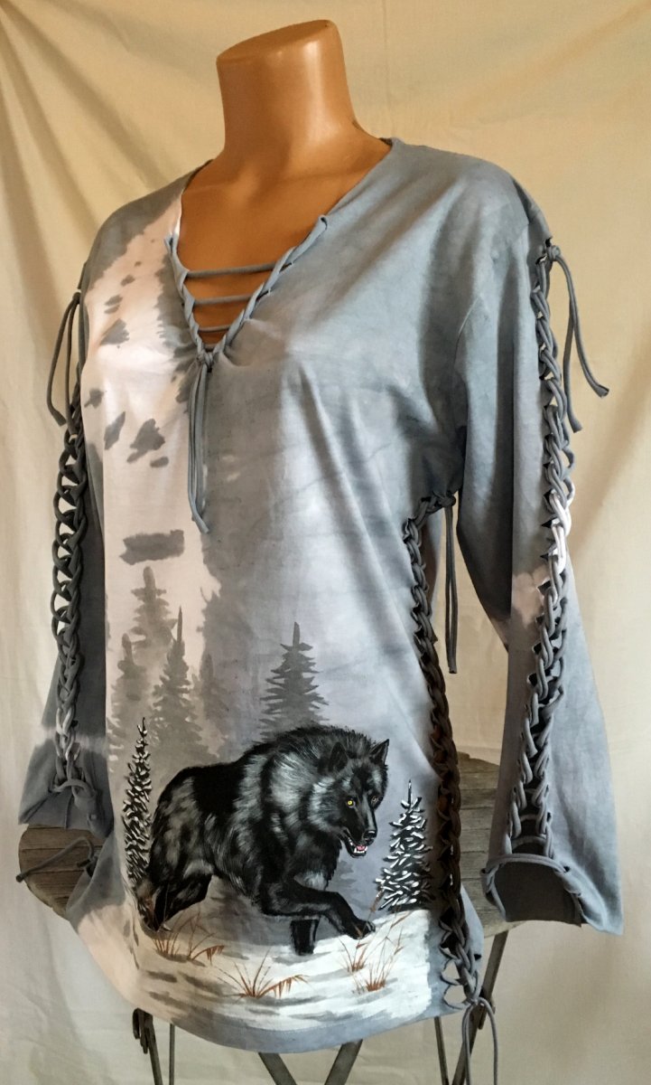 Šedé prostříhané tričko s černým vlkem
