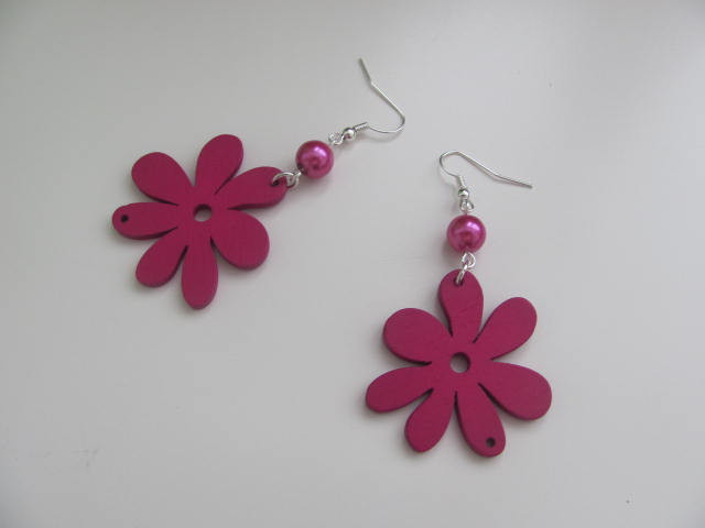 Náušnice dřevěné kvítky veliké růžové