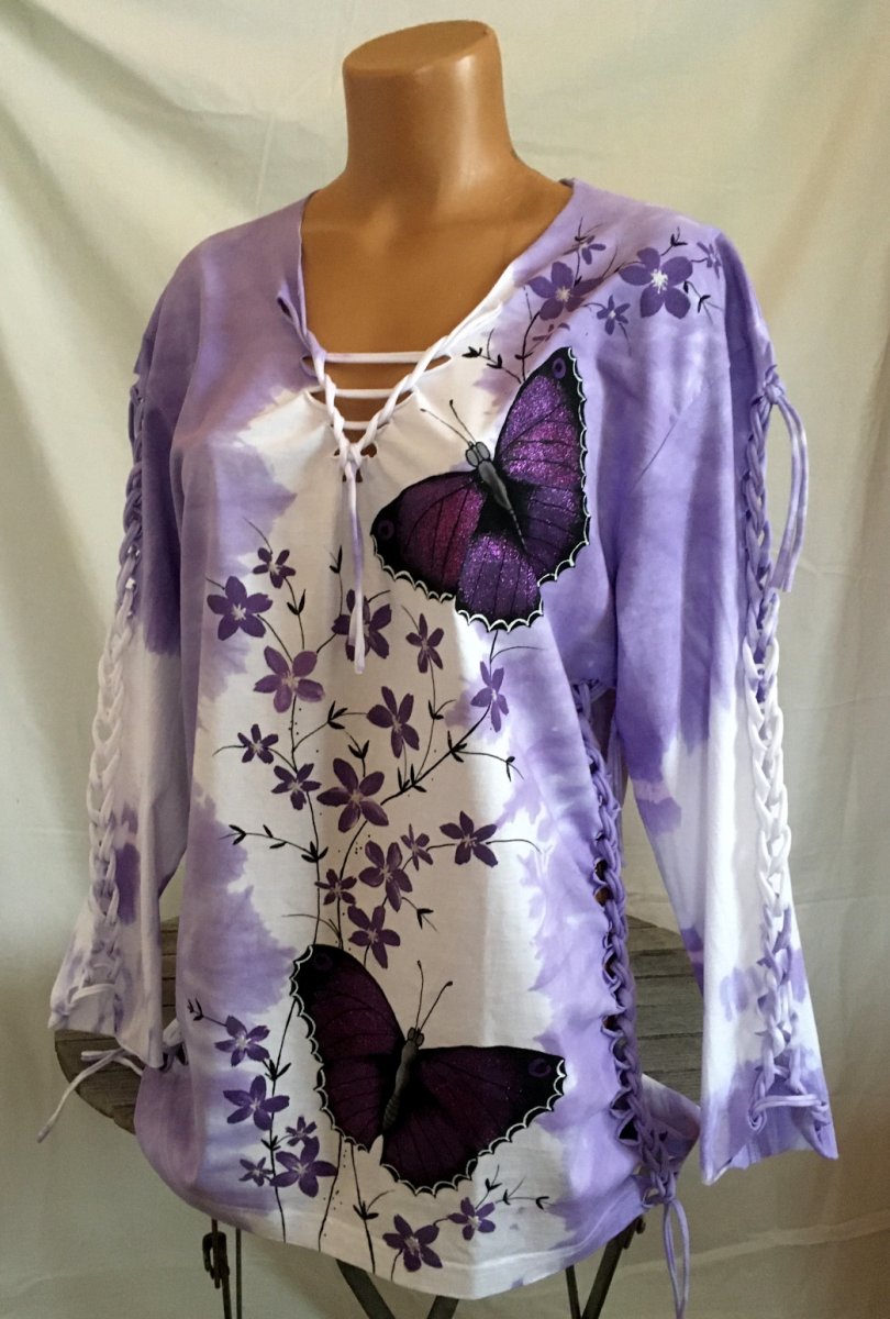 Fialové prostříhané tričko s květy a motýly