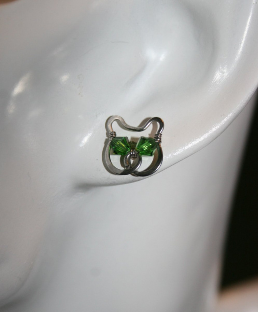 Náušnice bodovky - Kočka zelenoočka - ocel