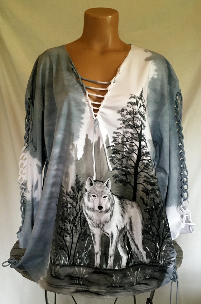 Šedé prostříhané tričko s vlkem