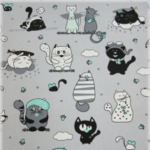 METRÁŽ - bavlněná látka plátno - kočky mentol na šedé, šíře 160 cm