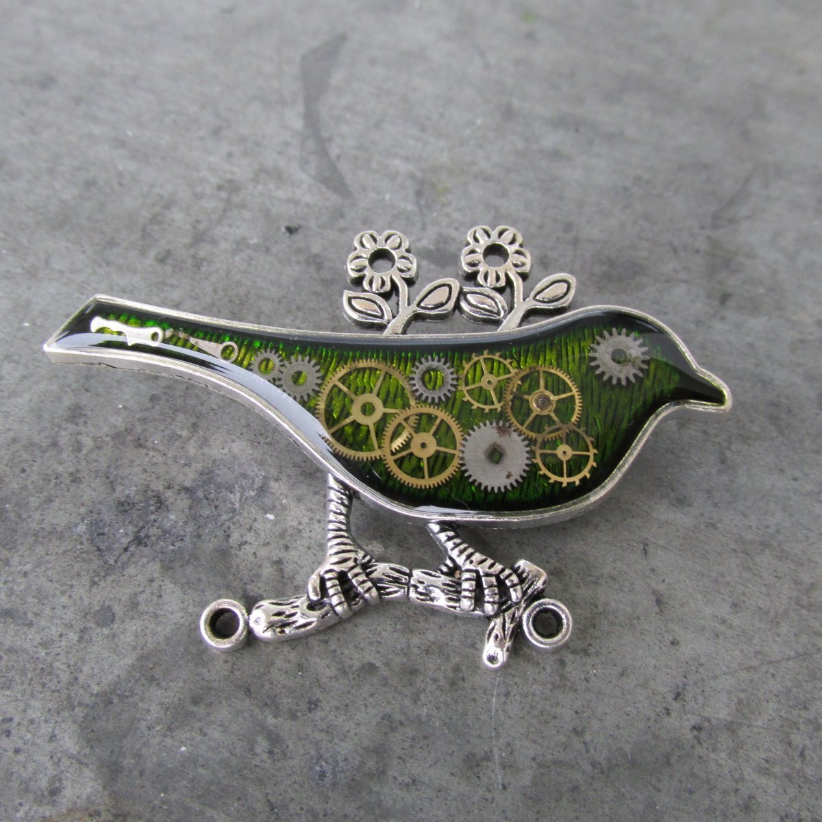 ZELENÝ PTÁČEK, z hodinek, steampunk, BROŽ