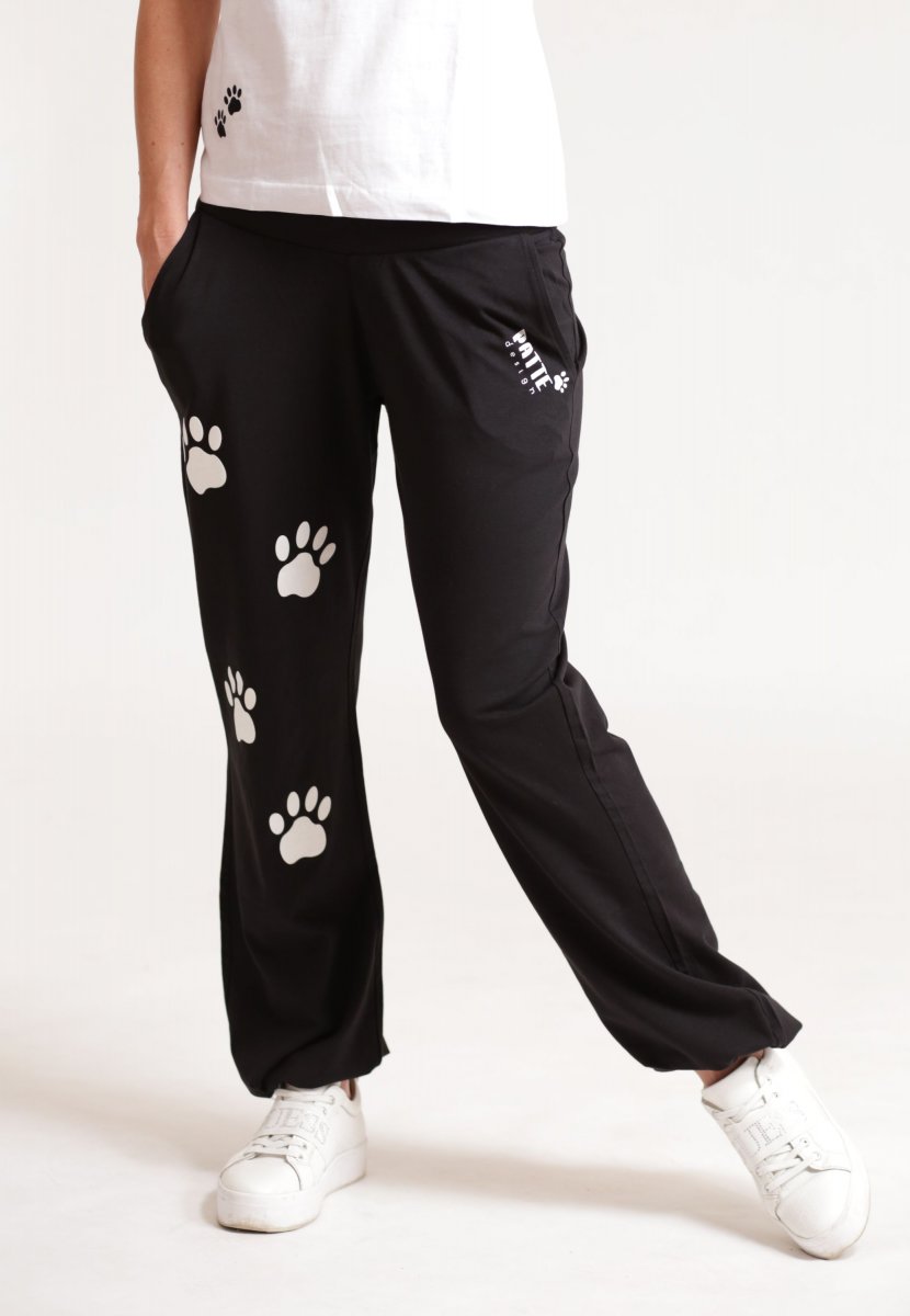 Letní tepláky černé s bílými tlapkami