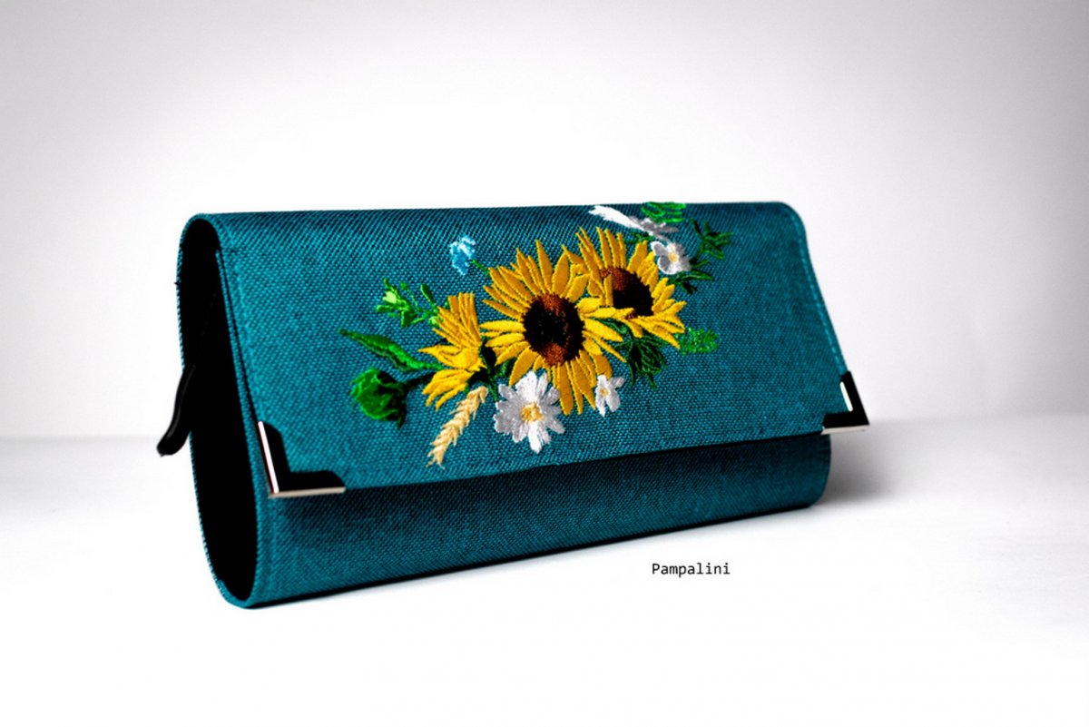 Vyšívaná peněženka - Slunečnice na tyrkysu