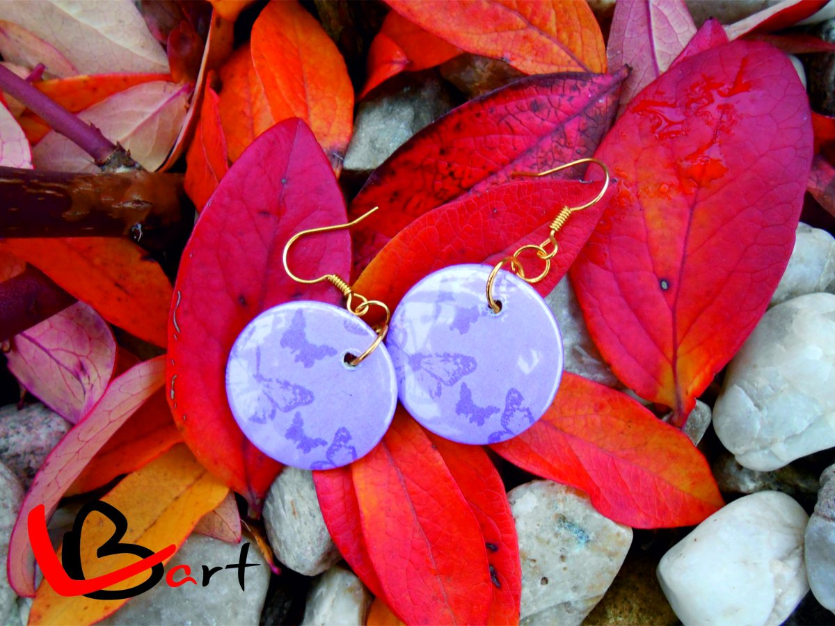 Náušnice - Placky - Vzor fialový motýlci NUP15