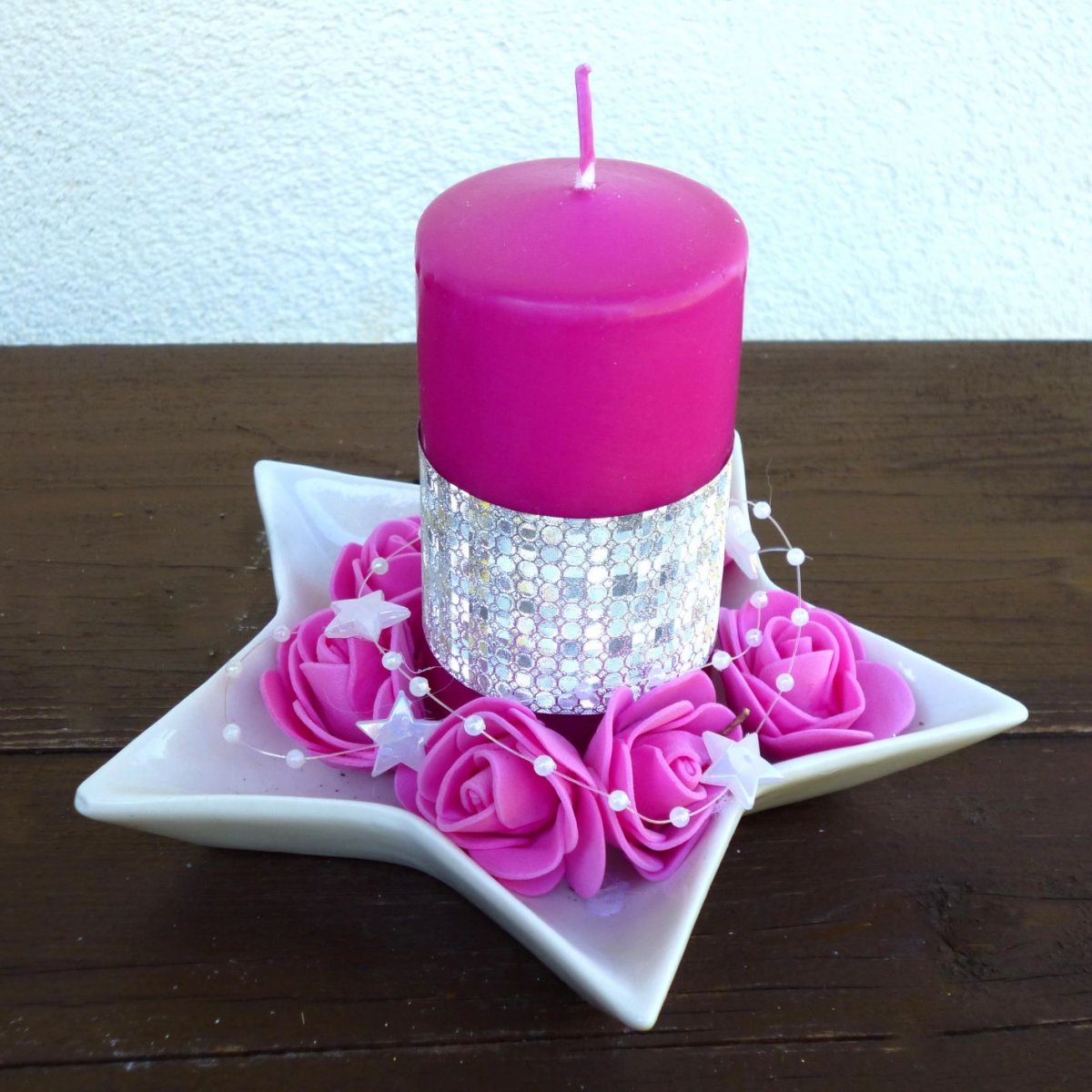 Svícen růžový na bílé keramické hvězdičce