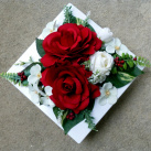 Ikebana s červenými a bílými růžemi na bílé misce