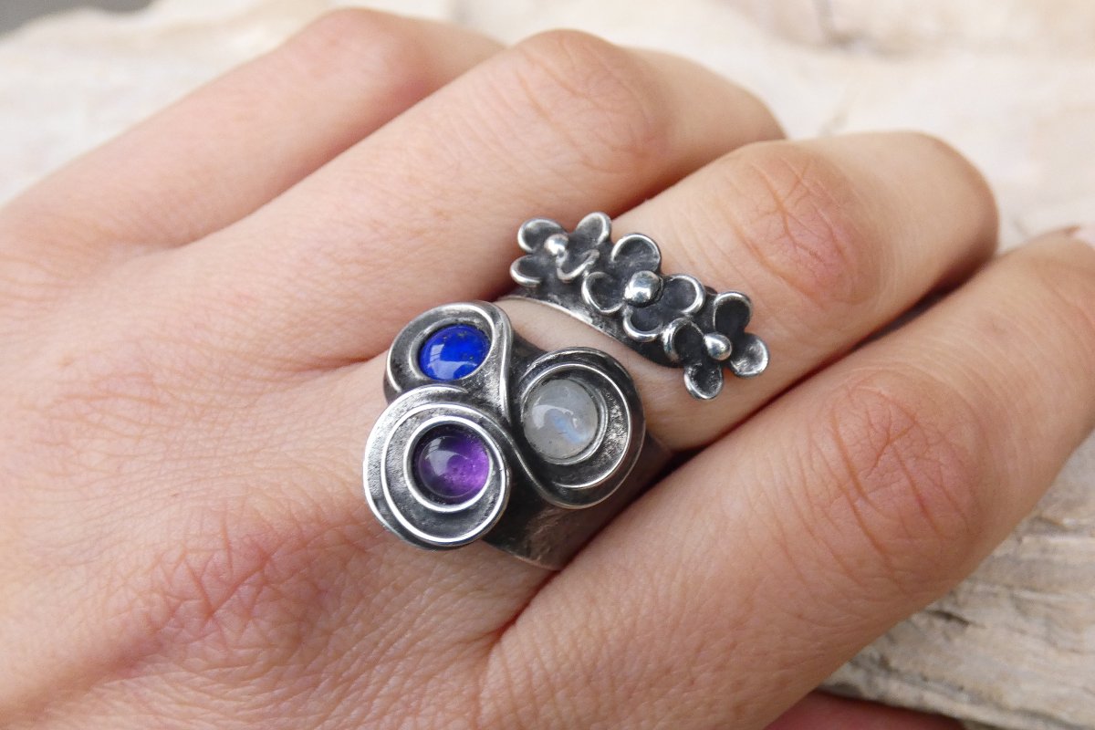 Měsíční kámen,lapis lazuli, ametyst -prsten z cínu