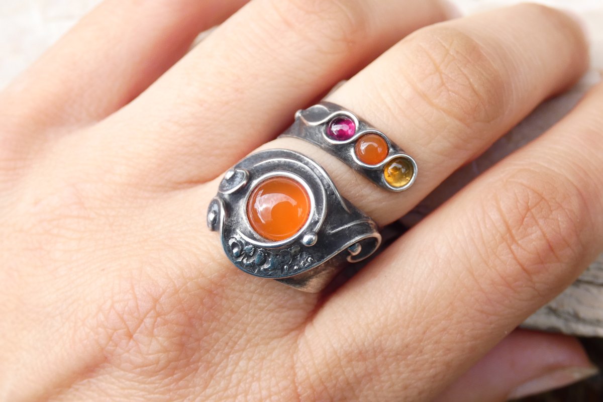 Karneol ,citrín,granát - cínovaný prsten
