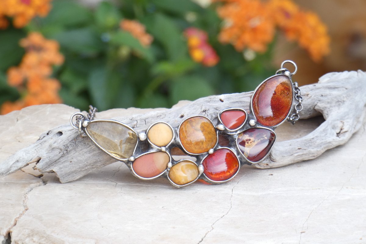 Jaspis brekcie,citrín a fusing - náhrdelník z cínu
