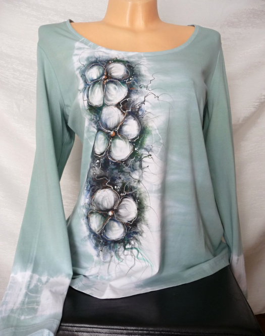 Zelinkavé květy,malované tričko XXL