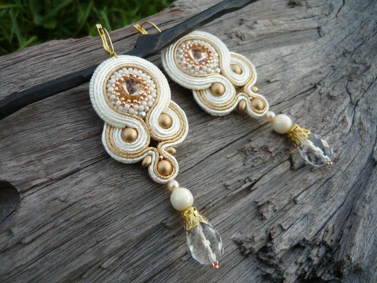 Soutache náušnice Luxury Ivory&Gold