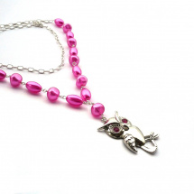 Růžový dlouhý náhrdelník se sovou