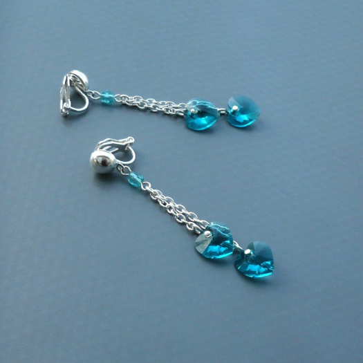 Blue zircon Swarovski srdce - řetízkové klipsy