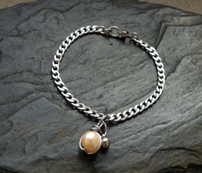 Náramek - nerez + růžová perla