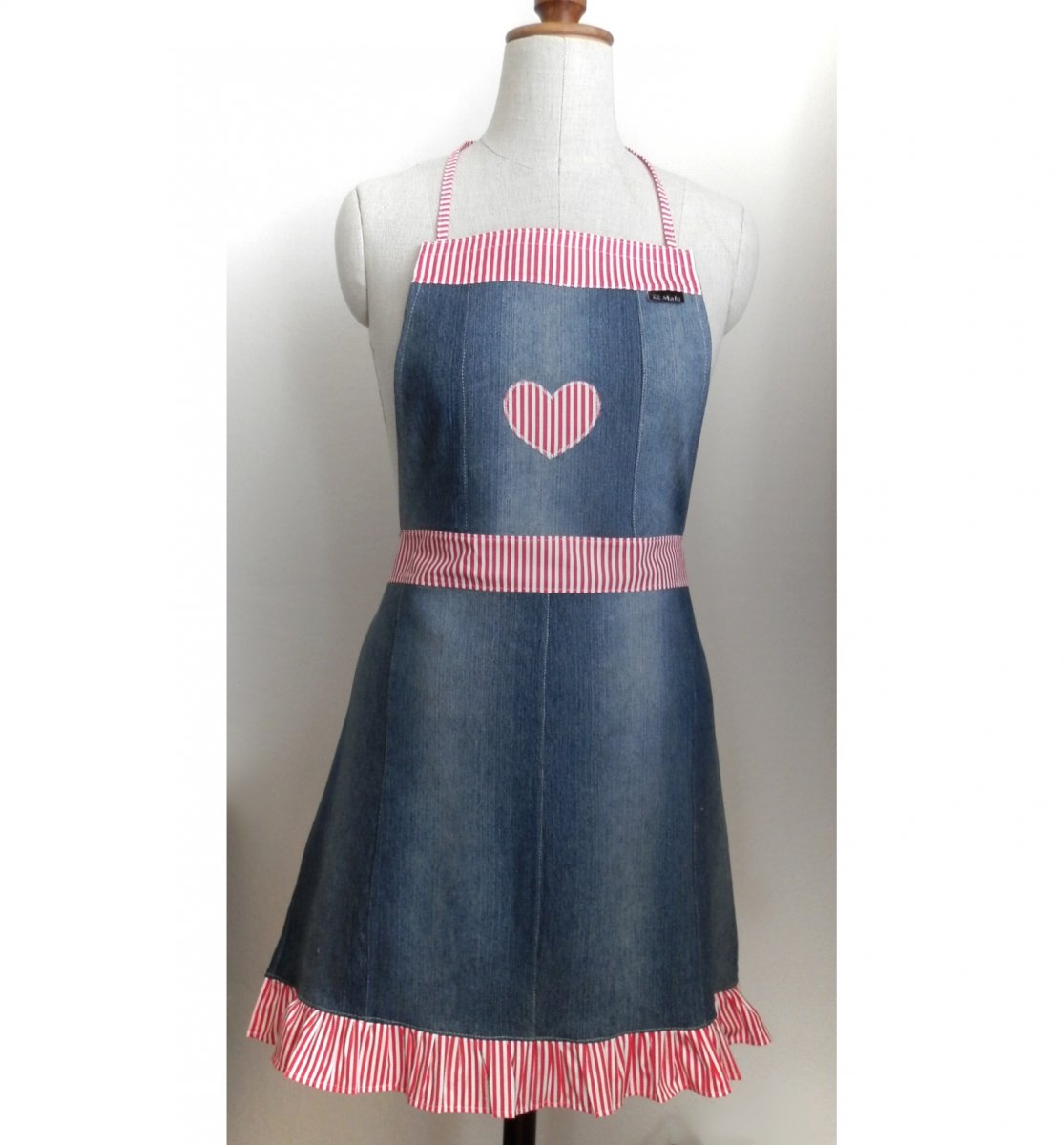 dámská zástěra  riflovina a červenobílý proužek uni S/XL