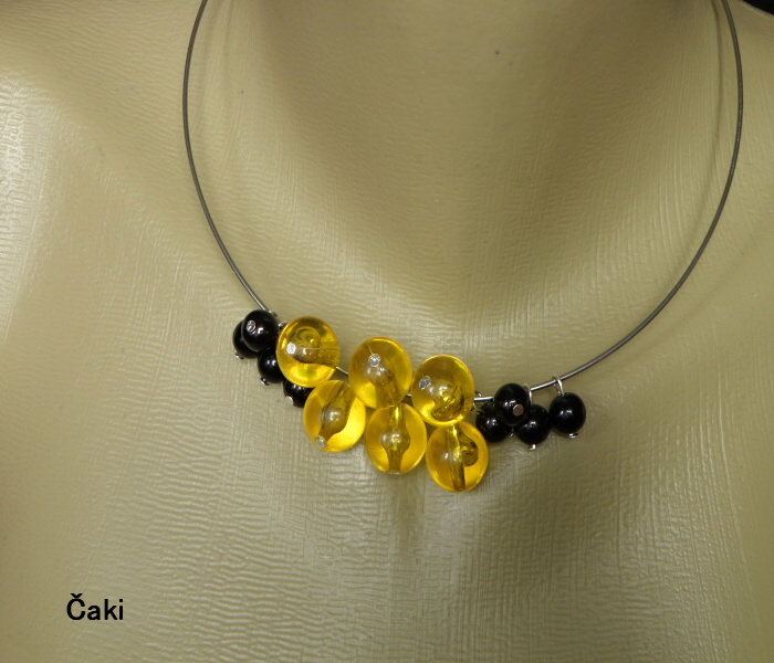 Náhrdelník - nerez -jantar-onyx