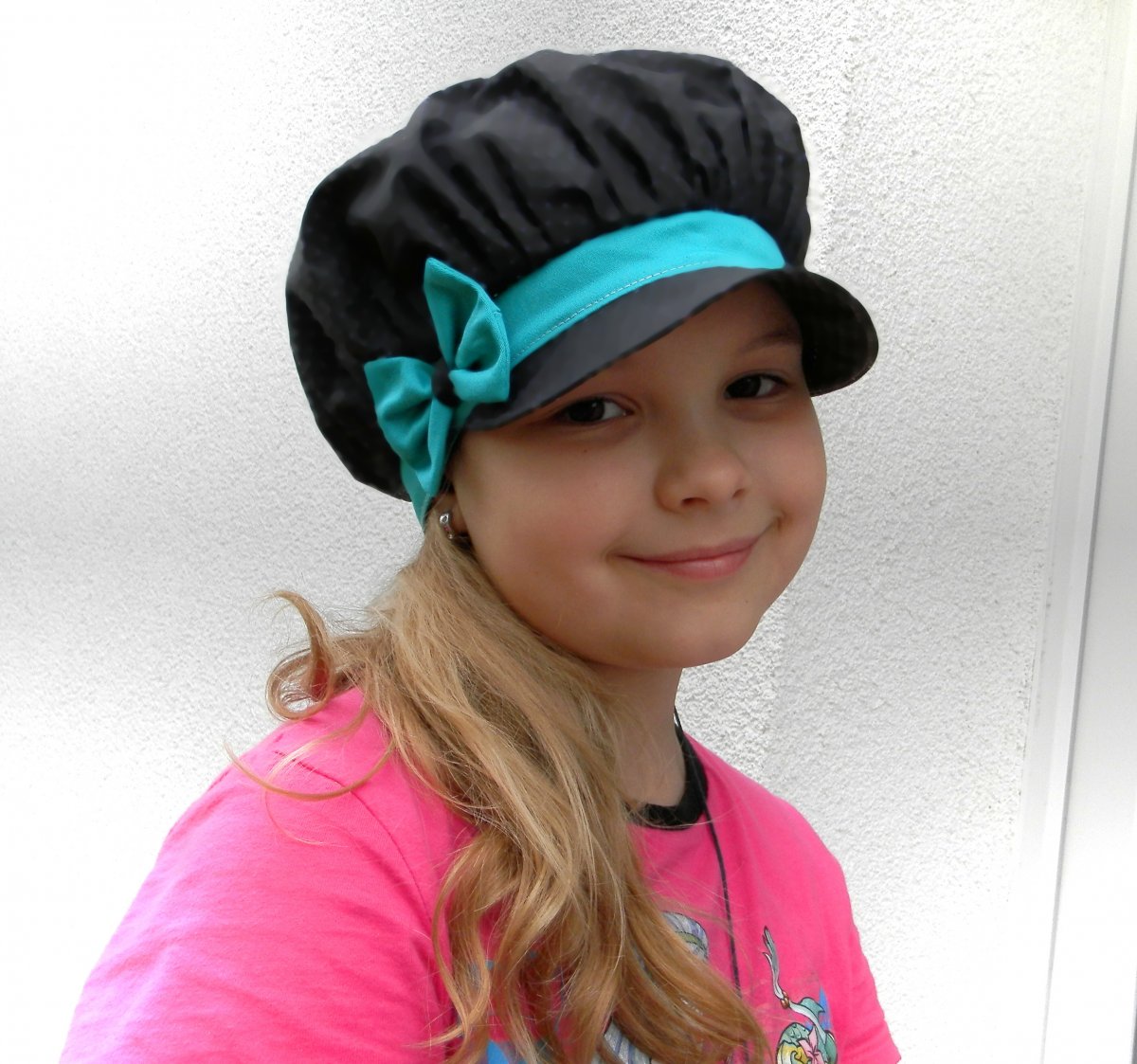 dospělá-letní bekovka,kšiltovka černá+mašle tyrkys