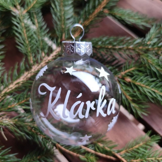 Plastová vánoční baňka bílé písmo