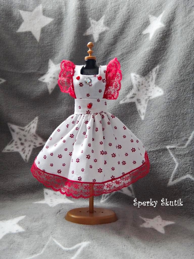 SA0069 - Bíločervené zástěrkové šaty s kamínky