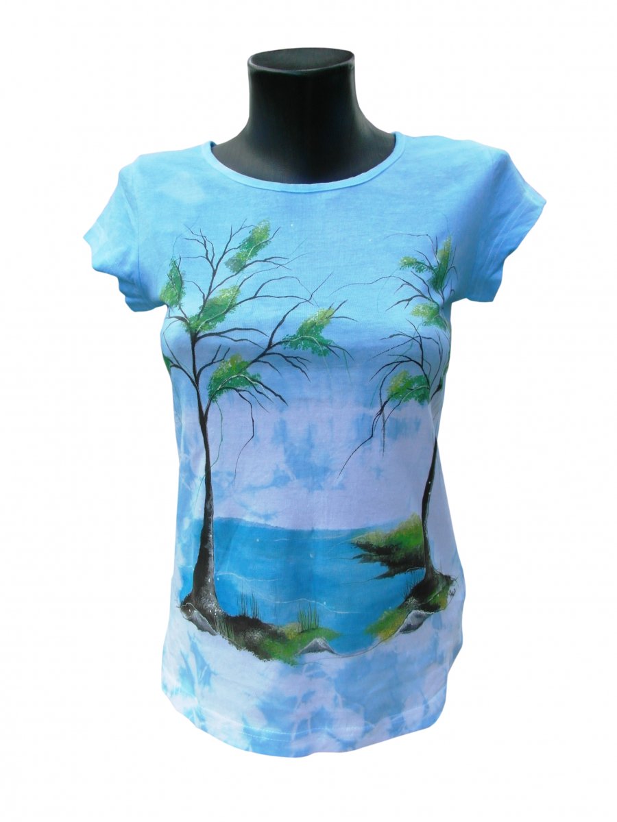 Modré tričko s přírodou -ručně malované