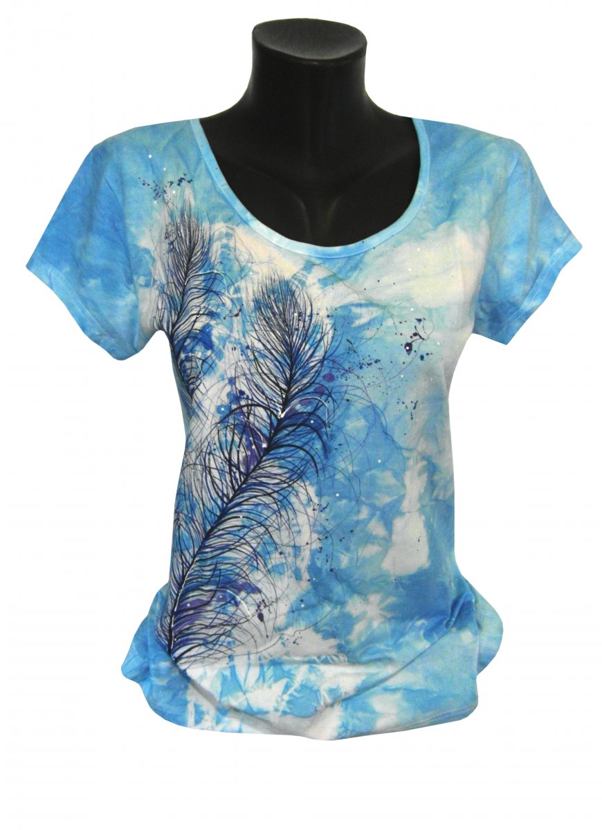 Světle modré tričko s peříčky -ručně malované