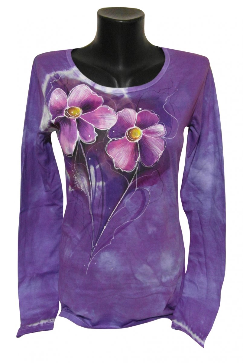 Sleva Fialové triko L- macešky květiny ručně malované SLEVA