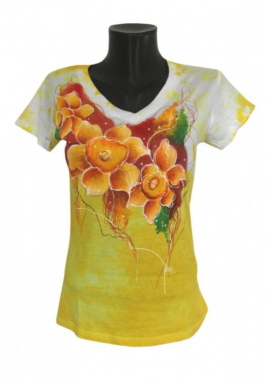 Žluté tričko s narciskami L-ručně malované SLEVA