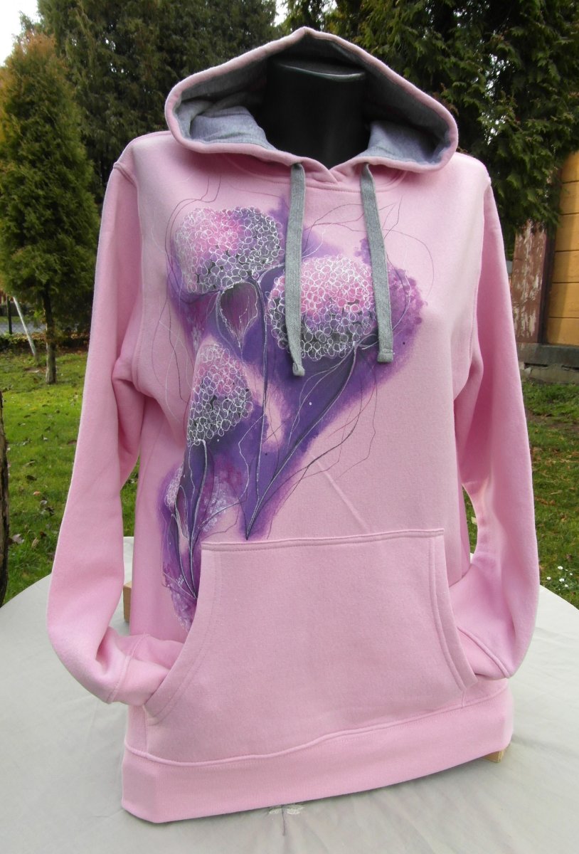 Růžová mikina s hortenziemi -ručně malovaná