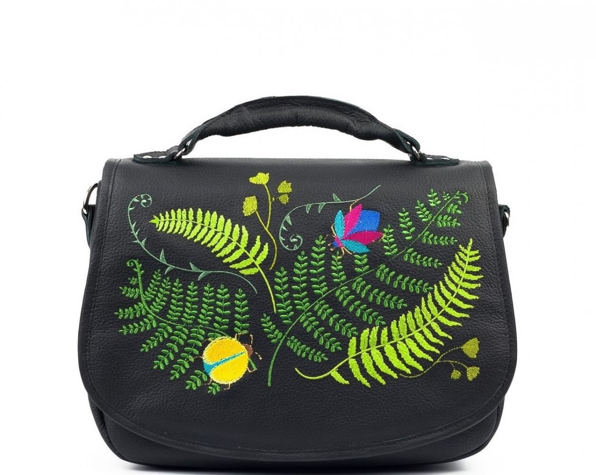 Kožená kabelka FLÓRA - černá s výšivkou