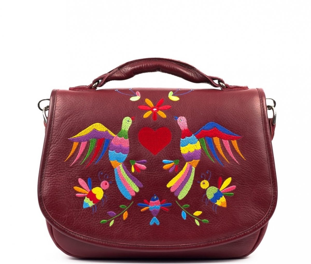 Kožená kabelka FAUNA - vínová s výšivkou