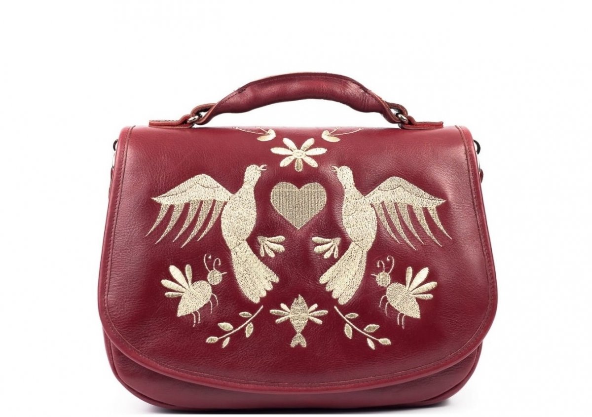 Kožená kabelka FAUNA - vínová s výšivkou
