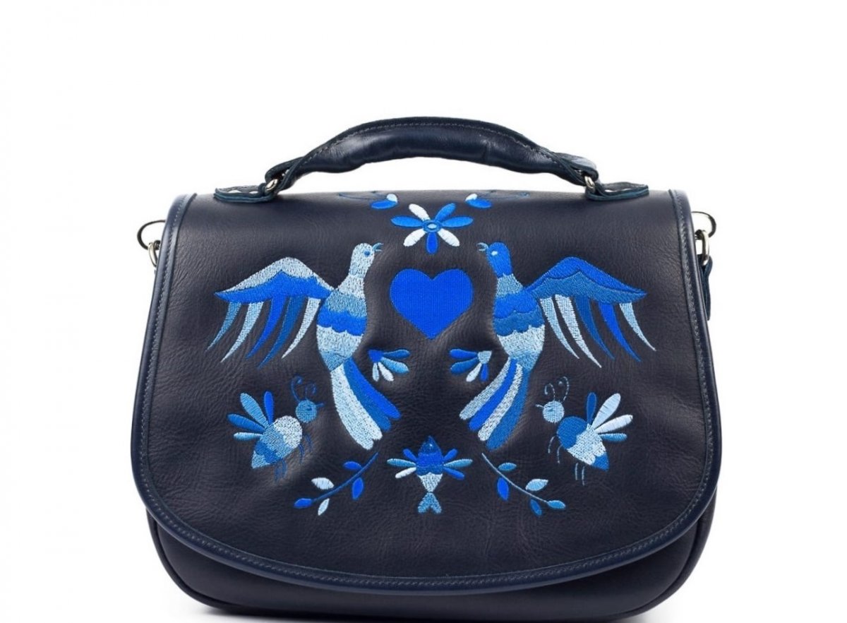 Kožená kabelka FAUNA - tmavěmodrá s výšivkou