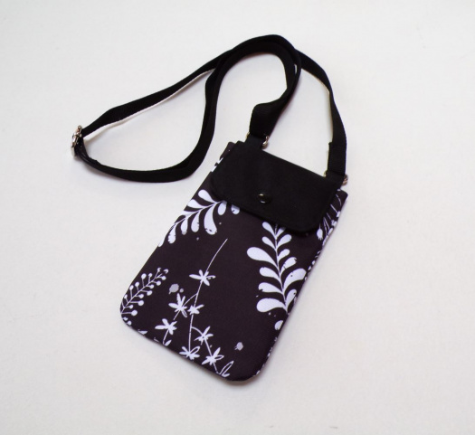 Kabelka na mobil crossbody - bílé větvičky na černé
