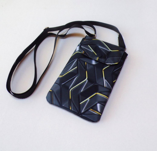 Kabelka na mobil crossbody - geo šedočerná a žlutá