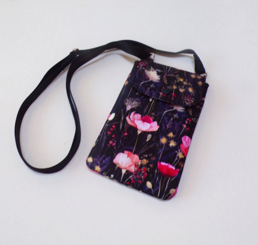 Kabelka na mobil crossbody - květiny na černé