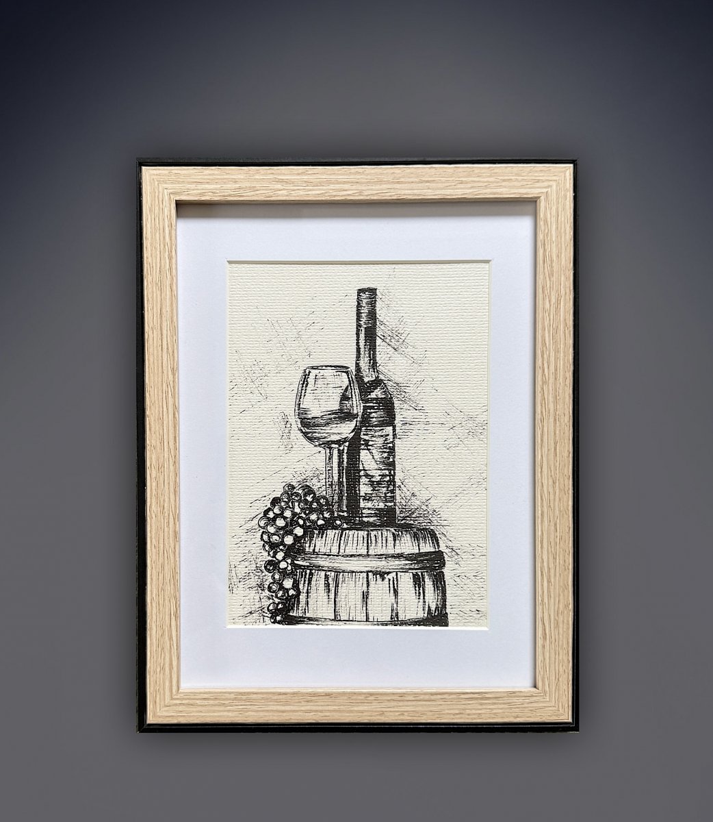 Perokresba - Zátiší s vínem, 21x27cm