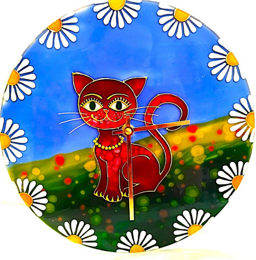 Kočka v kopretinách - ručně malované hodiny