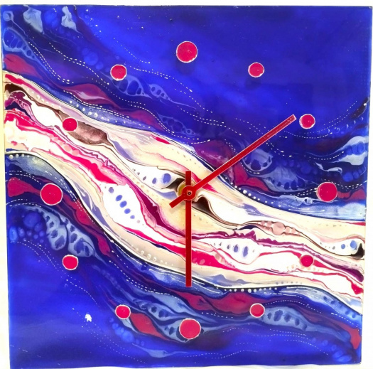 Skleněné hodiny - Modrá laguna (ruční malba 25x25)